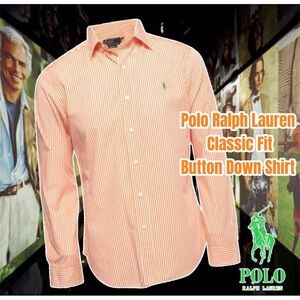 Polo Ralph Lauren Men's Classic Fit Button Down Shirt, Orange Striped 16.5 (Lg)